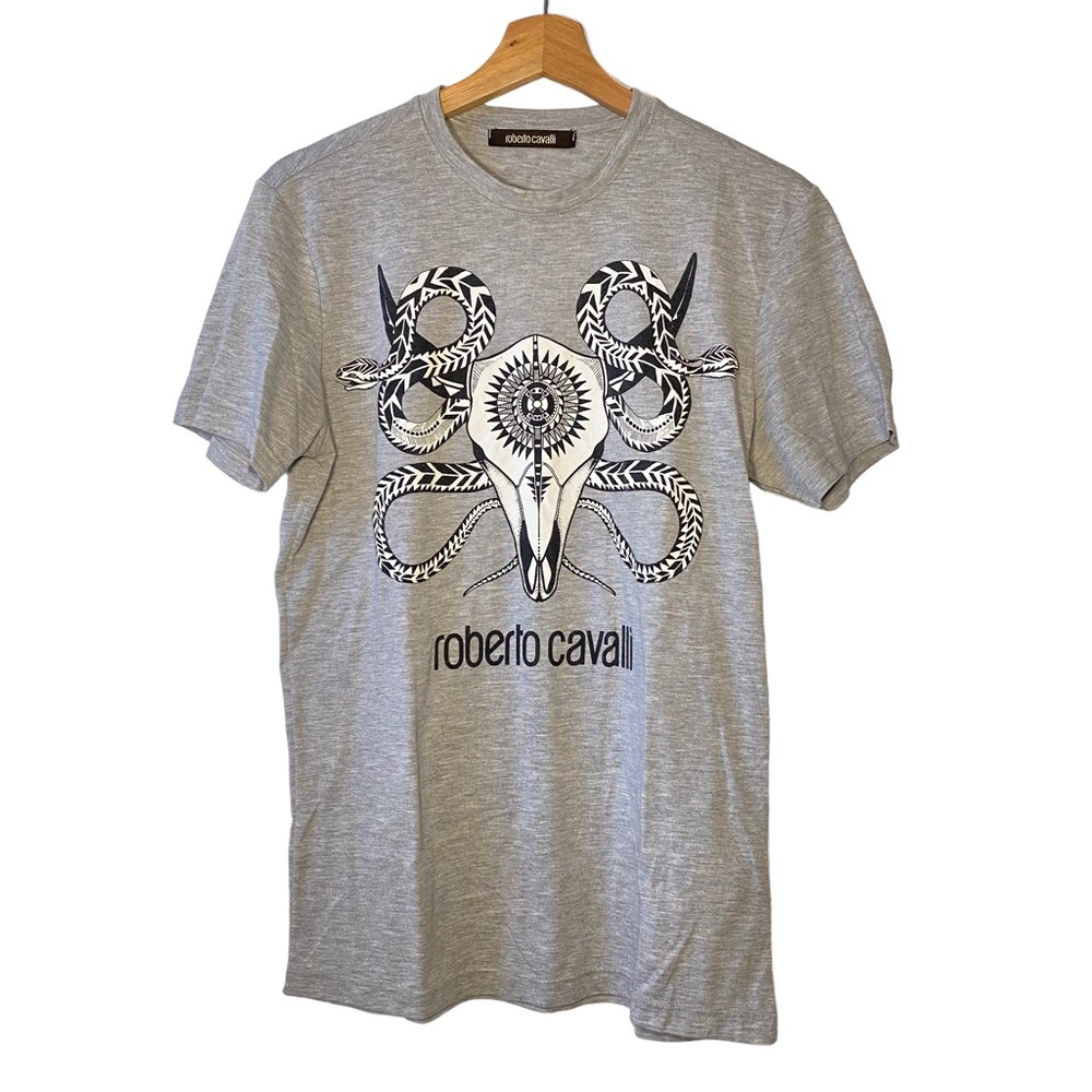 Roberto Cavalli Gray Longhorn Bull Snake Aztec Shirt Mens Medium
